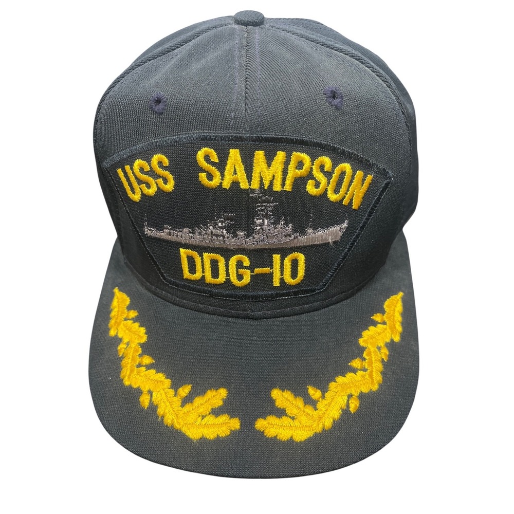 Vintage USS Sampson DDG-10 Navy Hat AJD Made in USA Snapback Scrambled Eggs Blue